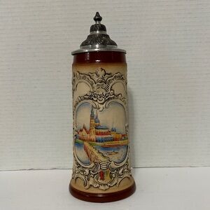 Dresden Ceramic Stein with Ornate Silver Tin Ornate Lid